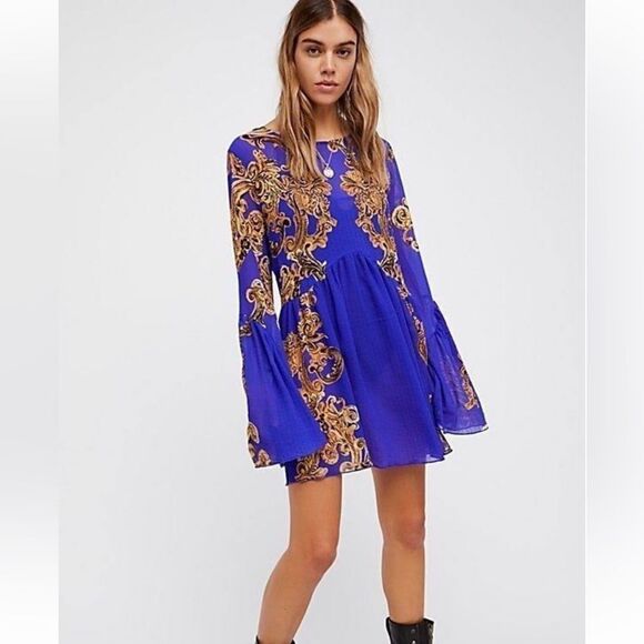 Intimately Free People Symphony Bell Sleeve Open Back Purple Paisley Mini Size S - Picture 1 of 5